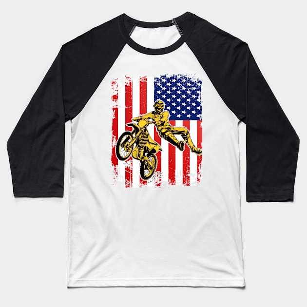 Motocross Dirt Bike American Flag Vintage 4th Of July Enduro Offroad Motocycle Lovers Baseball T-Shirt by andreperez87